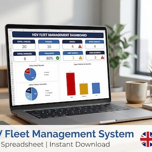 May include: A laptop displays an HGV Fleet Management Dashboard with data visualizations, including pie charts and bar graphs. The screen shows metrics like total checks, pass rate, and open defects. The text "HGV Fleet Management System" is visible below the screen.