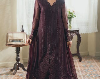 Pakistani Embroidered Chiffon 3 Piece Suit, Deep Plum Sequins Long Shirt Dress (Unstitched)