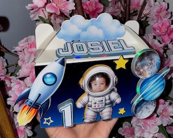 Spersonalizowane pudełko na smakołyki z motywem astronauty | Spersonalizowany upominek urodzinowy ze zdjęciem, dekoracja Galaxy na pierwsze urodziny