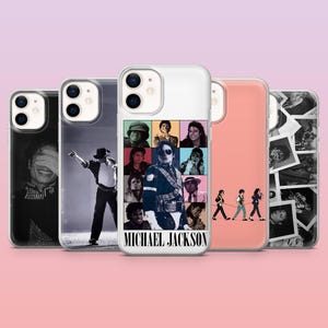 May include: A selection of phone cases showcasing images of Michael Jackson. The cases feature portraits and iconic moments of the artist, including a collage and the text "MICHAEL JACKSON". The cases are in various colours and designs.