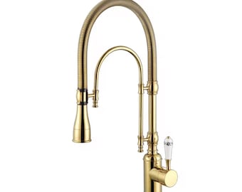Vintage style pull-out brass kitchen faucet, hot and cold water mixer with flexible hose