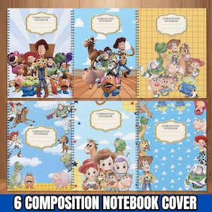 May include: Six spiral-bound composition notebooks featuring Toy Story characters including Woody, Buzz Lightyear, Jessie, Rex, and Mr. Potato Head. Each cover displays a unique scene with the text COMPOSITION NOTEBOOK in a central label.