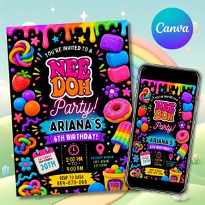 Peut inclure: Une invitation de fête rectangulaire et un smartphone affichant le même design. Le fond noir présente de la peinture fondante colorée, une fraise, un donut, une glace et le texte YOU'RE INVITED TO A NEE DOH PARTY! ARIANA'S 6TH BIRTHDAY!