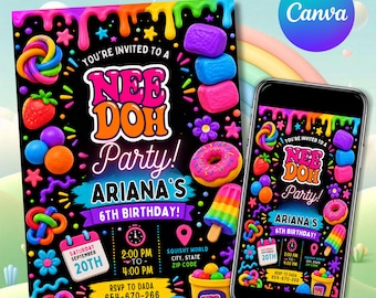May include: A rectangular party invitation and a smartphone displaying the same design. The black background features colorful melting paint, a strawberry, a donut, a popsicle, and text reading YOU'RE INVITED TO A NEE DOH PARTY! ARIANA'S 6TH BIRTHDAY!