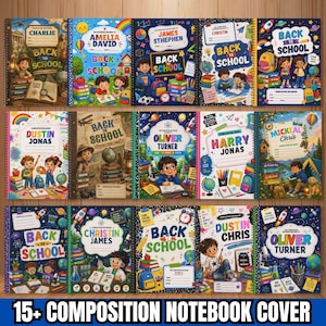 Puede incluir: Una colección de quince cuadernos de composición con coloridos temas de regreso a clases, con ilustraciones de niños, útiles escolares, globos terráqueos y elementos espaciales. Cada portada muestra un nombre único y el texto Back to School.