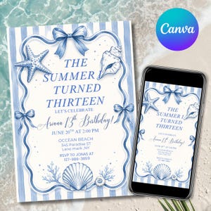 The Summer I Turned Pretty Birthday Invitation, Coastal Birthday Invite, Beach Party, Digital Download, Editable Canva Template
