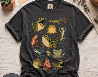 Comfort Colors® Vintage Kikker T-shirt, Leuk Amfibie T-shirt, T-shirt met Paddenprint, Cadeau voor Natuurliefhebbers, Retro Top met Vijverdieren, Kleding voor in landelijke stijl