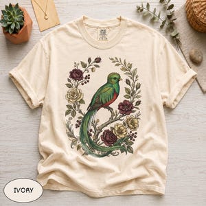 Comfort Colors® Resplendent Quetzal Shirt, Botanical Bird Tee, Jungle Bird Graphic Top, Cottagecore Garden Shirt, Retro Exotic Bird Gift