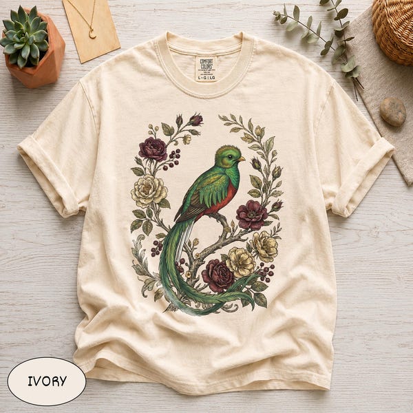 Comfort Colors® Resplendent Quetzal Shirt, Botanical Bird Tee, Jungle Bird Graphic Top, Cottagecore Garden Shirt, Retro Exotic Bird Gift