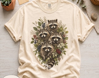 T-shirt Comfort Colors® Bouquet de ratons laveurs, style botanique vintage années 90, vêtements cottagecore, cadeau animalier amusant, t-shirt floral rétro forêt