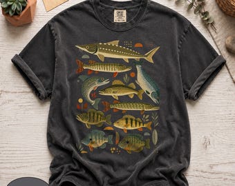 Camiseta Comfort Colors® Vintage Great Lakes Fish, camiseta de identificación de especies de agua dulce, top con estampado retro de la vida en el lago, regalo para amantes de la naturaleza y los pescadores.