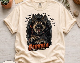 Comfort Colors 1717, Camiseta de Pastor Alemán Vampiro, Camiseta de Perro de Halloween Barkula, Ropa urbana de Hombre Lobo Gótico, Regalo Escalofriante para Amantes de las Mascotas, Horror Alt