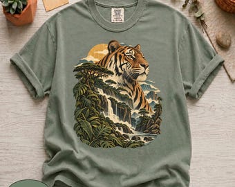 Comfort Colors® Bengal Tiger Jungle Shirt, Retro Asian Wildlife Graphic Tee, Tropical Rainforest Waterfall Tshirt, Big Cat Lover Apparel