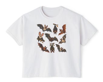 Camiseta con murciélagos de arte popular, camiseta gráfica vintage de Halloween con temática de naturaleza y fantasía, top gótico espeluznante de cuento de hadas para amantes del otoño.