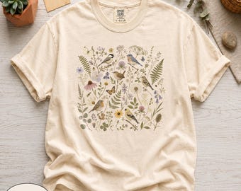 Koszulka Comfort Colors® Wildflower Songbird, Koszulka Cottagecore Botanical, Koszulka Vintage Meadow Bird, Koszulka Nature Lover Oversized Graphic Tee