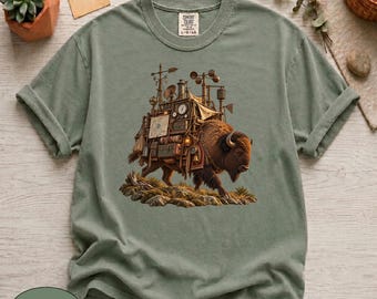 Comfort Colors® Steampunk Bison Shirt, Vintage Weather Machine Graphic Tee, Retro Fantasy Explorer Tshirt, Oversized Fit For Sci-Fi Lovers