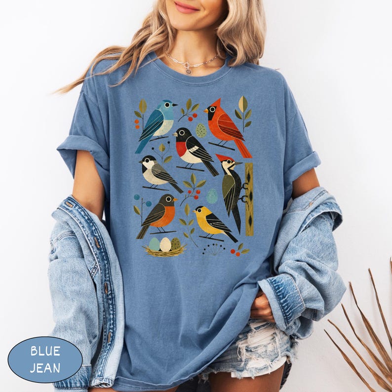 Comfort Colors® Retro Backyard Birds Cardinal Bluebird Robin Woodpecker Shirt, Bird Watcher Lover Gift, Mid Century Modern Nature Art Tee image 3