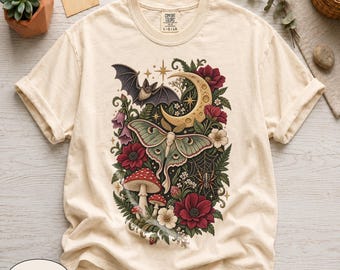 Koszulka Comfort Colors® z haftem imitującym motyla Luna, koszulka z grafiką w stylu vintage botanicznym Cottagecore, gotycka, czarownicza odzież dla miłośników natury