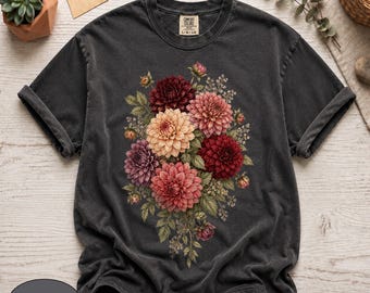 Koszula Comfort Colors® Vintage Dahlia, Bukiet kwiatów botanicznych, Koszulka Cottagecore Floral, Prezent dla miłośnika ogrodów, Bluzka retro z dzikimi kwiatami, Bluzka artystyczna