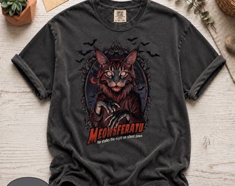 Comfort Colors®, camiseta con estampado de gato vampiro, estética gótica de terror Meowsferatu, merchandising retro de Halloween para vampiros, regalo de arte oscuro para amantes de las mascotas