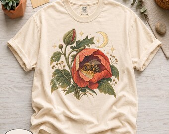 Comfort Colors® Sleeping Honey Bee Shirt, Celestial Botanical Graphic Tee, Cottagecore Poppy Flower Tshirt, Cozy Garden Lover Top, Bee Lover