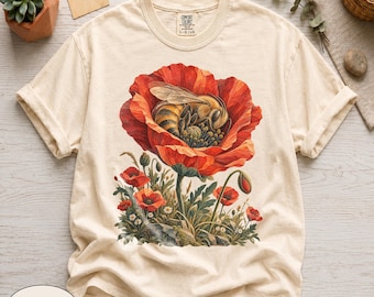 Comfort Colors® Sleeping Bee Poppy Flower Shirt, Vintage Botanical Graphic Tee, Cottagecore Wildflower Tshirt, Cozy Garden Lover Top