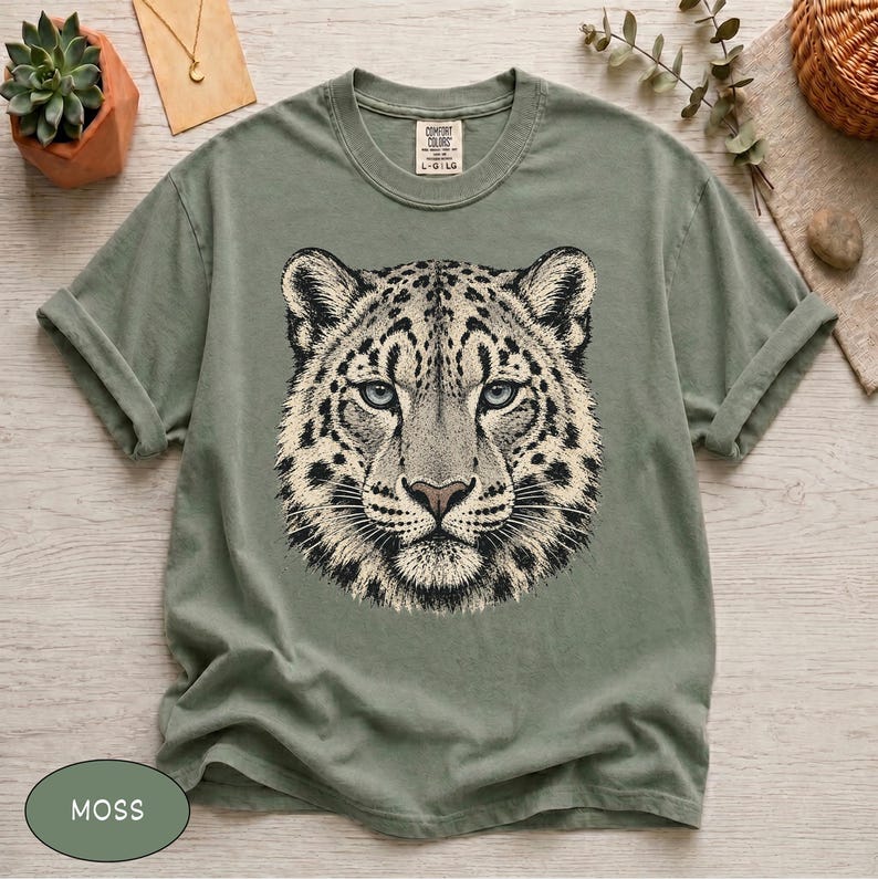 Comfort Colors® Snow Leopard Shirt Vintage Big Cat Tee, Retro Wildcat Graphic Nature Lover Top, Southwest Wildlife Art Animal Graphic Tee image 4