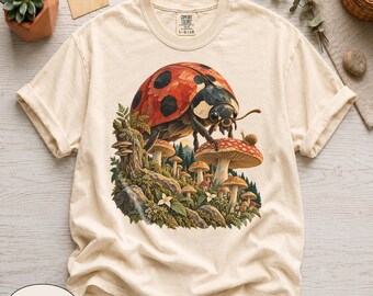 Comfort Colors® Giant Ladybug Mushroom Shirt, Cottagecore Nature Graphic Tee, Whimsical Forest Insect Shirt, Oversized Woodland Creature Top