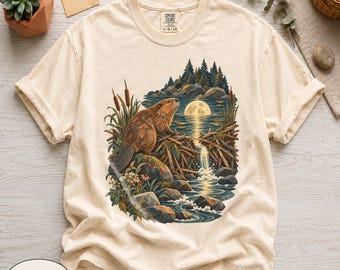 Comfort Colors® Beaver Moon Dam Shirt, Whimsical Night Nature Graphic Tee, Vintage River Wildlife Tshirt, Cozy Forest Animal Lover Top