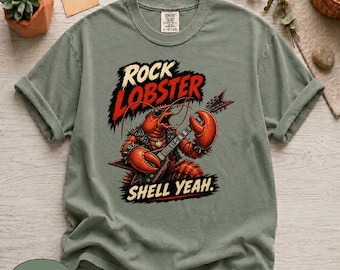 Camiseta Comfort Colors® Rock Lobster Guitar Heavy Metal, Camiseta Retro Punk con Gráfico de Crustáceos Marinos, Divertida Idea de Regalo para Rockeros con Criaturas Marinas