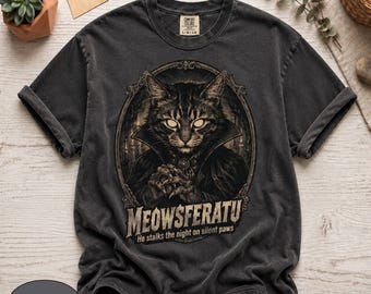 Camiseta Comfort Colors® Meowsferatu, divertida camiseta de Halloween con gato, camiseta de gatito vampiro, regalo espeluznante para amantes de las mascotas, ropa de terror gótico, top retro.