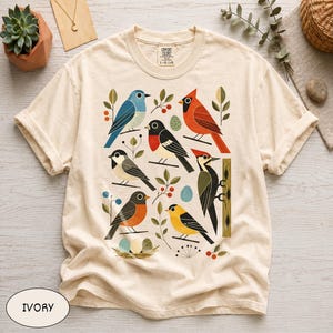 Comfort Colors® Retro Backyard Birds Cardinal Bluebird Robin Woodpecker Shirt, Bird Watcher Lover Gift, Mid Century Modern Nature Art Tee image 8