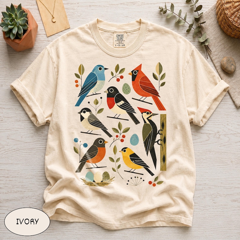 Comfort Colors® Retro Backyard Birds Cardinal Bluebird Robin Woodpecker Shirt, Bird Watcher Lover Gift, Mid Century Modern Nature Art Tee image 8