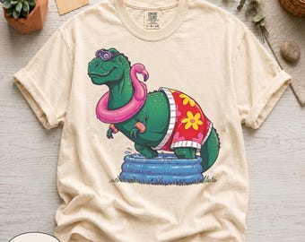 Divertida camiseta de fiesta en la piscina con estampado de T-Rex de Comfort Colors 1717, linda camiseta de verano con estampado de dinosaurio, ropa hawaiana retro con estampado floral, regalo para vacaciones tropicales.