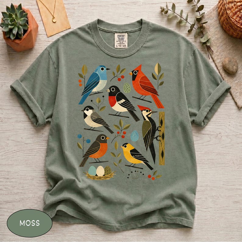 Comfort Colors® Retro Backyard Birds Cardinal Bluebird Robin Woodpecker Shirt, Bird Watcher Lover Gift, Mid Century Modern Nature Art Tee image 1
