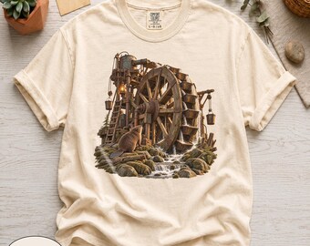 Comfort Colors® Beaver Water Wheel Shirt, Steampunk Engineer Graphic Tee, Rustic Forest Wildlife Tshirt, Oversized Fit For Animal Lovers