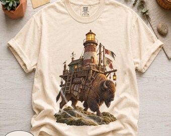 Comfort Colors® Lighthouse Bison Shirt, Surreal Fantasy Beast Graphic Tee, Nautical Coastal Wanderer Tshirt, Oversized Fit For Sci-Fi Fans