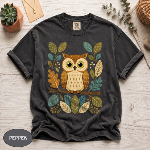 Comfort Colors® Scandinavian Owl Shirt, Nordic Folk Art Tree Tee, Cute Bird Graphic Top, Vintage Woodland Apparel, Retro Nature Lover Gift