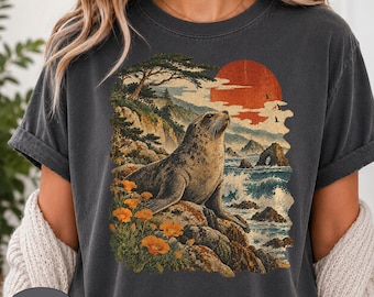 Camiseta Comfort Colors® com estampa de leão-marinho da Califórnia, estilo vintage tradicional, perfeita para amantes da natureza e da costa do Pacífico.