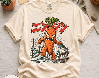 Camiseta Comfort Colors® com estampa de cenoura gigante Kaiju, camiseta retrô com estampa de monstro japonês, camiseta vintage de paródia de anime de ficção científica, modelagem streetwear oversized.