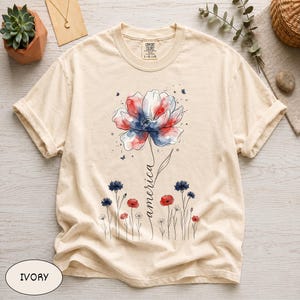 Comfort Colors®, Patriotic Wildflower Graphic Tee, Red White Blue Watercolor, 4th of July Independence Day Outfit, Memorial Day USA Top