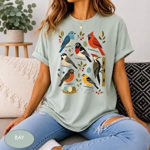 Comfort Colors® Retro Backyard Birds Cardinal Bluebird Robin Woodpecker Shirt, Bird Watcher Lover Gift, Mid Century Modern Nature Art Tee image 5