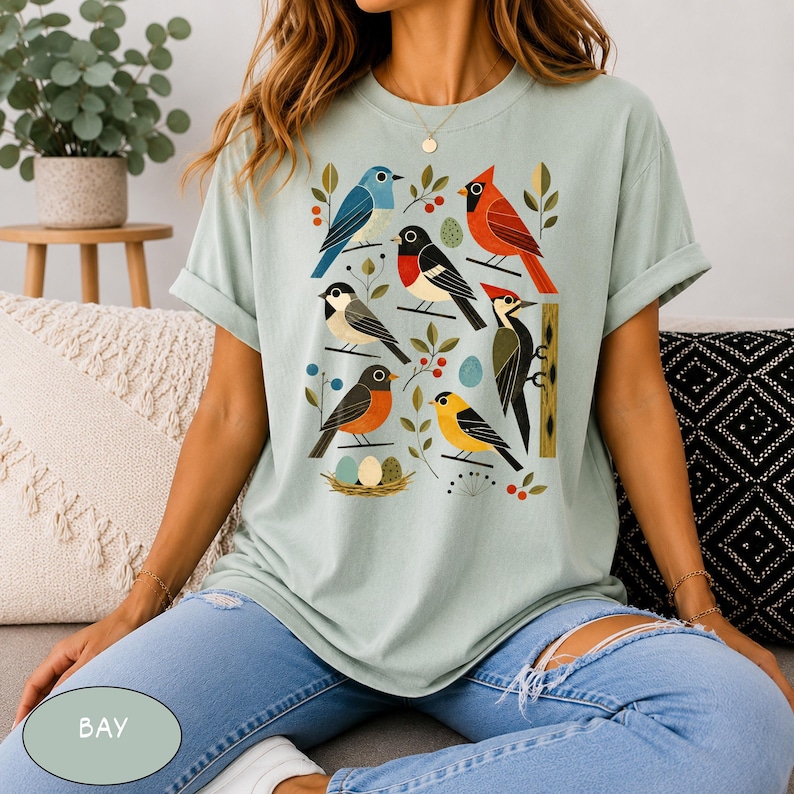 Comfort Colors® Retro Backyard Birds Cardinal Bluebird Robin Woodpecker Shirt, Bird Watcher Lover Gift, Mid Century Modern Nature Art Tee image 5
