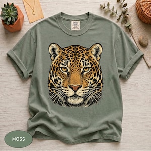 Comfort Colors® Vintage Leopard Grafik-Shirt Jaguar-T-Shirt, Retro-Großkatzen-Porträt-Wildtierbekleidung, süßes Streetwear-T-Shirt für Wildkatzenliebhaber