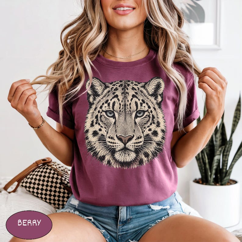 Comfort Colors® Snow Leopard Shirt Vintage Big Cat Tee, Retro Wildcat Graphic Nature Lover Top, Southwest Wildlife Art Animal Graphic Tee image 5