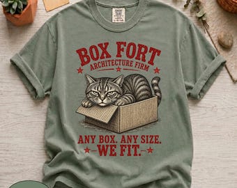 Camiseta Comfort Colors® Box Fort Architecture Firm con diseño de gato, divertida y sarcástica camiseta de cartón con gato atigrado, ropa para amantes de los felinos con el lema "Si me queda bien, me siento".