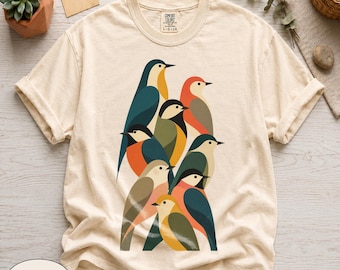 Camiseta Comfort Colors® Mid Century Modern Bird, Camiseta Songbird, Camiseta com estampa gráfica de arte folclórica modernista irreal, Camiseta streetwear estética para observadores de pássaros
