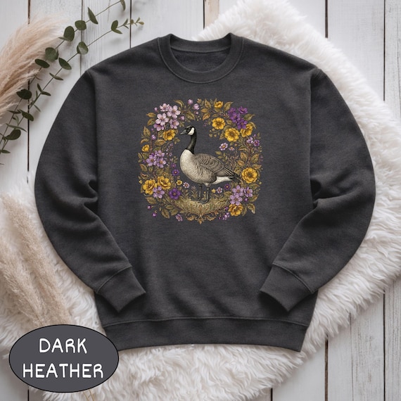 Canada Goose, Canada Goose Sweatshirt, Purple and Gold Floral Wreath Crewneck, Botanical Bird Art Gift for Goose Lovers and Cottagecore Fans Everywhere