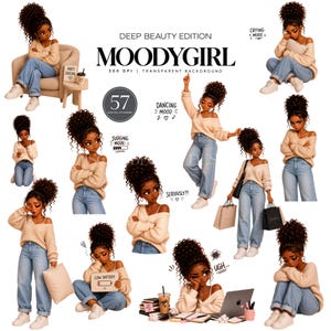 May include: A collection of 57 digital stickers titled MOODYGIRL DEEP BEAUTY EDITION featuring a character with curly dark hair wearing a beige sweater and blue jeans in various poses, including sitting, dancing, crying, and holding items like a laptop.