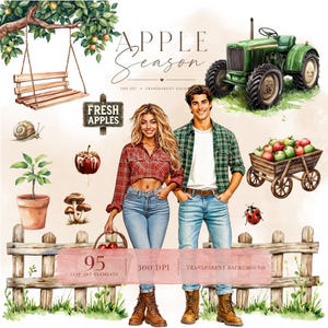Könnte beinhalten: Ein digitales Illustrationsset mit dem Titel Apple Season, das einen grünen Traktor, eine Holzschaukel, einen Holzwagen mit Äpfeln, eine Schnecke, eine Topfpflanze, Pilze, einen Marienkäfer sowie zwei Personen in karierten Hemden zeigt.